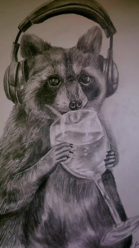 Pencil sketch of a raccoon wearing headphones and holding a wine glass